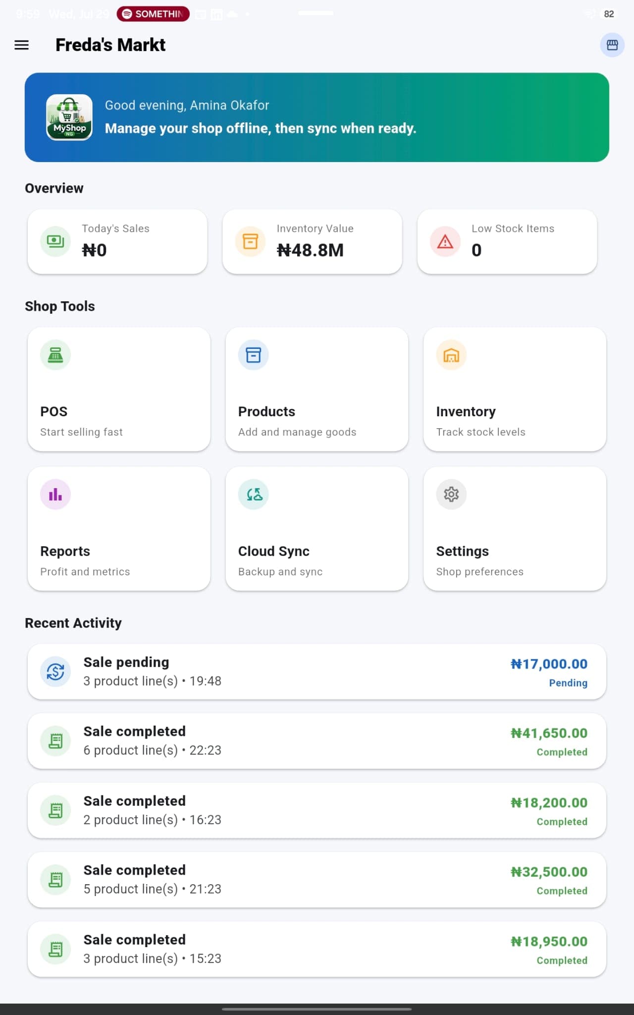 MyShop NG dashboard with shop tools, stock information and recent sales
